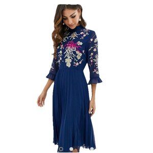 Asos Embroidered Pleated Mock Neck Dress Women 38 US